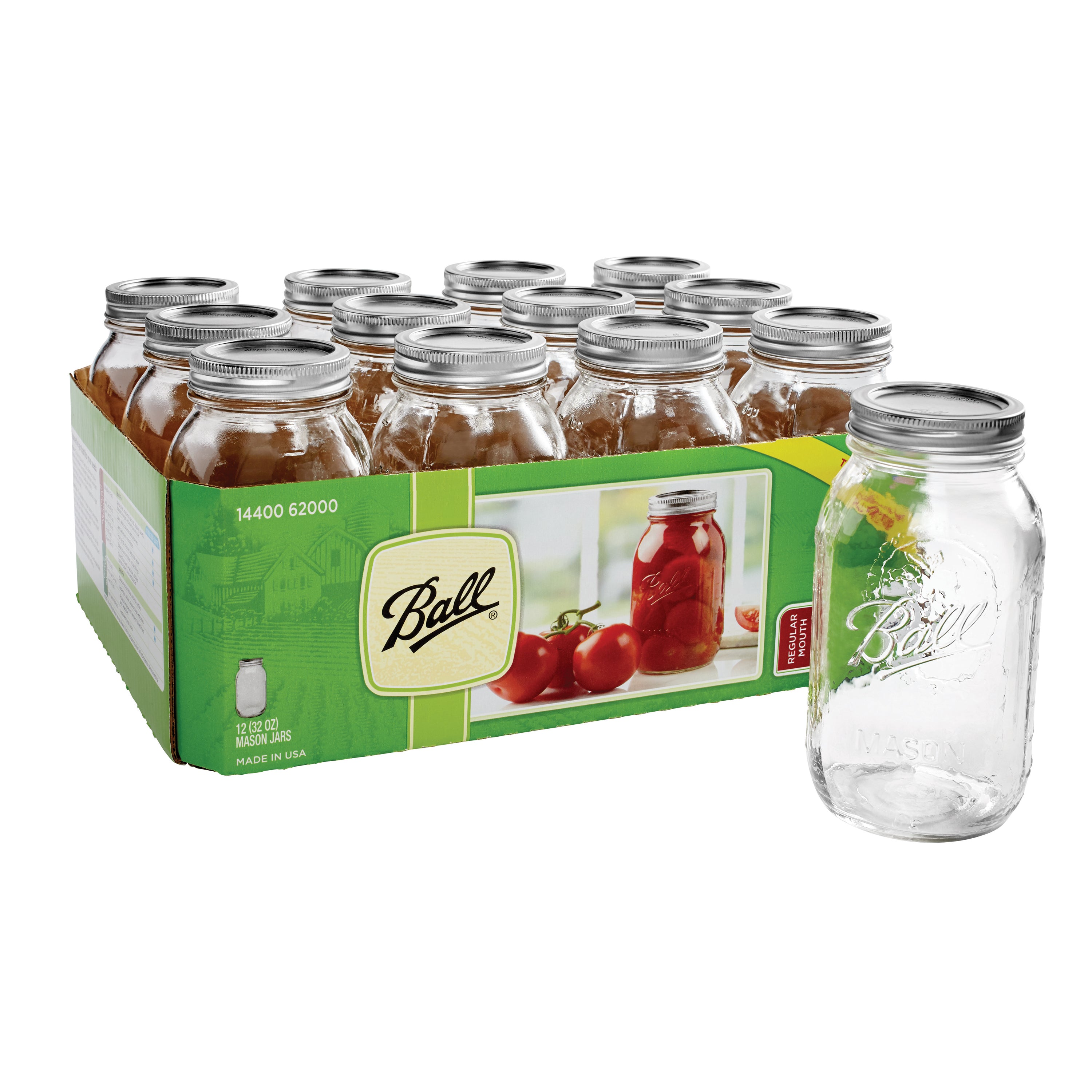 Glass Mason Jar With Lid & Band, Regular Mouth, 32 Ounces, 12 Count